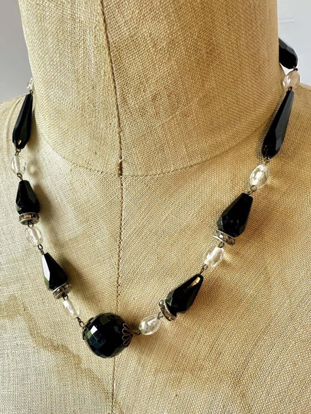 Vintage Art Deco Necklace:  Black Clear Faceted Beads 20s 30s